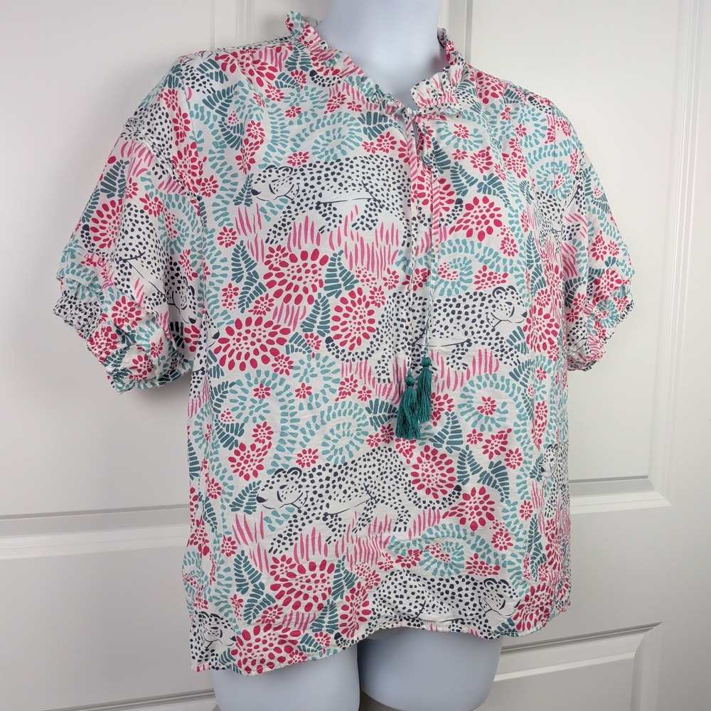 Tropical Vacation Safari Leopard Floral Tassel Ruffle Neck Blouse Top Pink Teal
